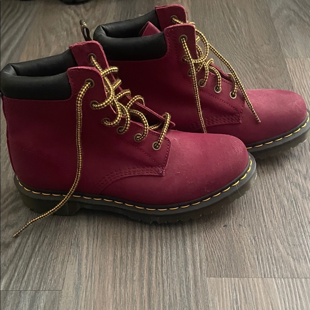 Dr. Martens red greasy suede leather lace up combat boots